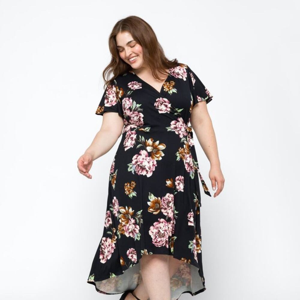 Fortune + Ivy 1X Irene Wrap Black Floral Flowy Maxi Dress [0241]